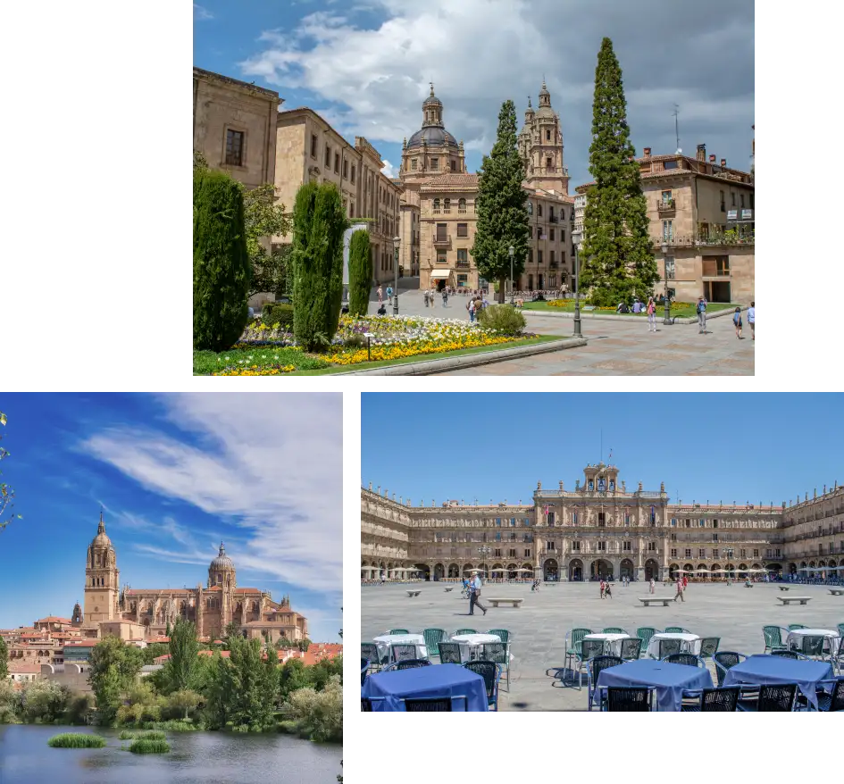 Collage de fotos de Salamanca, en la que se ve la catedral y la plaza mayor de Salamanca