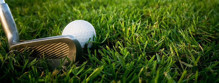 Pelota de golf siendo golpeada por un palo de golf en el césped